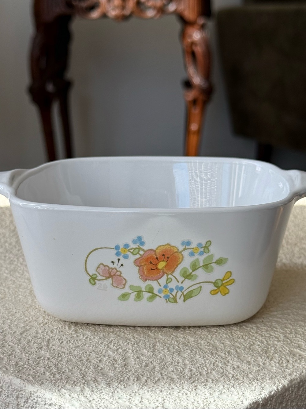 Corningware White Casserole with Orange and Yellow Floral Pattern